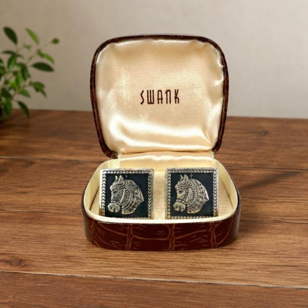 Vintage Swank Horse Head Cufflinks Silver Tone Square Original Box Western